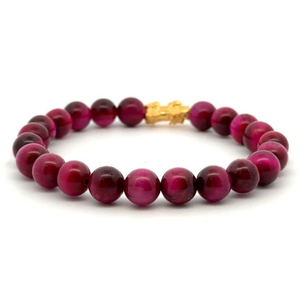 Dyed Tiger's Eye Magenta Stretchable Bracelet Size 7.5 w/ 24K Gold Dragon - Picture 3 of 8